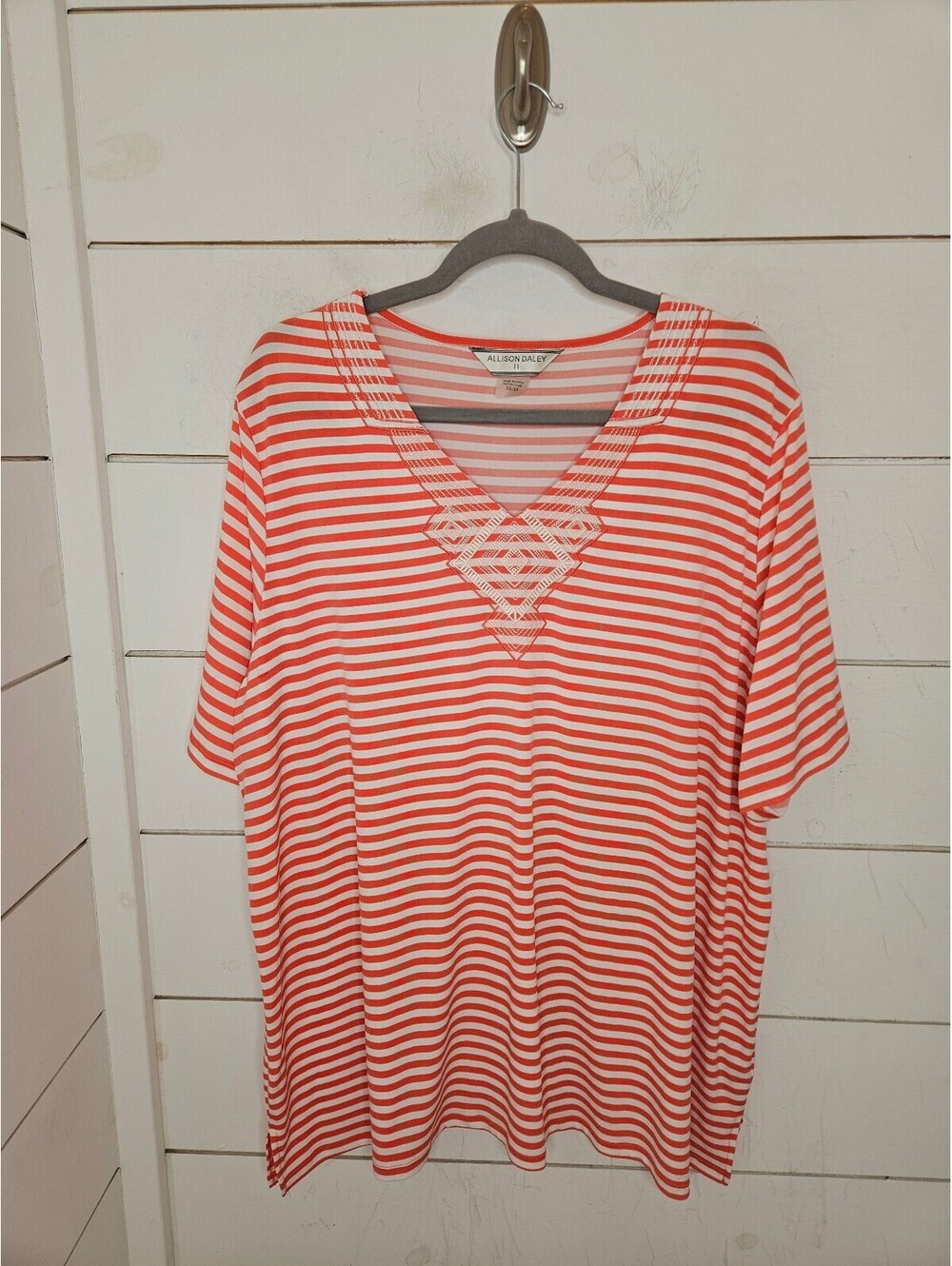 Allison Daley 3X orange & white striped stretchy v neck shirt
